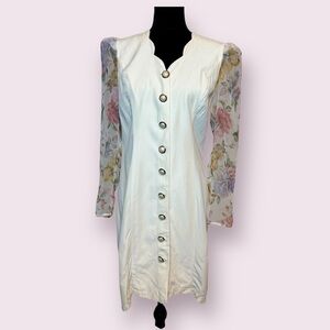 Vintage 90’s All That Jazz White Button Up Midi Dress Sheer Floral Sleeves Small